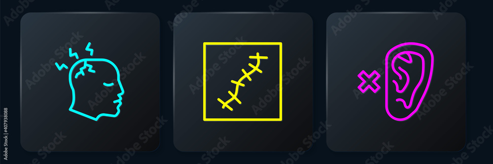 Poster set line man having headache, deaf and scar with suture. black square button. vector.