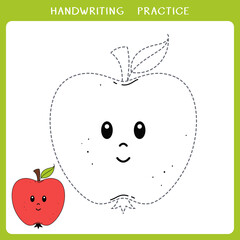 Handwriting practice sheet. Simple educational game for kids. Cute apple for coloring book