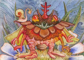 Fabulous animalistic plot. The composition of the three objects. (Beetle, snail, flowers.) Watercolor drawing. Illustration for children.