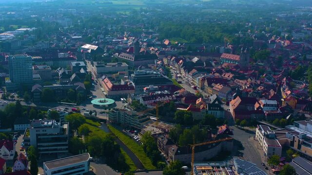 Aerial view of the old town of Bayreuth in Germany on a sunny day in spring. 