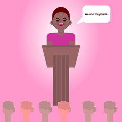 Black lives matter. An African-American man in bright clothes speaks from the podium. The concept of tolerance and lack of racism. Black human rights protest banner. Cartoon vector illustration.