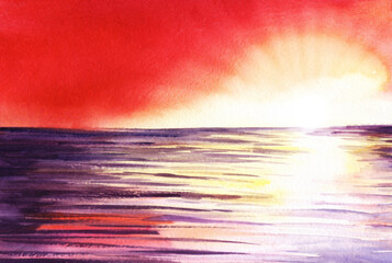 Bright watercolor landscape on textured paper. Scarlet sky, shining glow of setting sun and colorful sunlight reflection on calm water surface. Hand drawn illustration with marine view