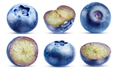 Set of three blueberries and three blueberry halves isolated on white background with clipping path.
