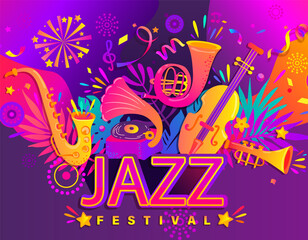 Summer jazz nanner, musical festival flyers with classic music instruments - cello, cornet, tuba, clarinet, saxophone on bright gradient background.Vector illustration for music events, jazz concerts.