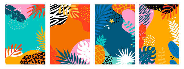 Set summer cards, banners, flyers with tropical palm leaves and animal print. Abstract Summertime backgrounds,Template for your design, sales, social media,web. Vector illustration.