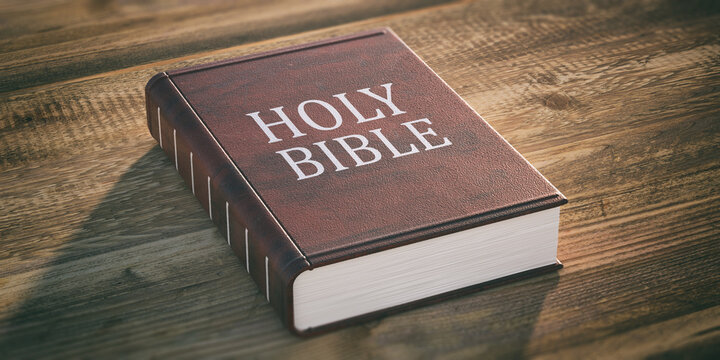 Holy Bible on wooden table background. 3d illustration
