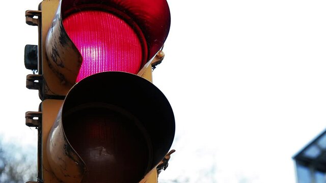 Traffic Light signalling Red, Buenos Aires, Argentina. Close-up. 4K Resolution.