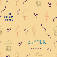 Hand drawn Ice cream food seamless pattern. Ice cream Vector illustration in doodle style