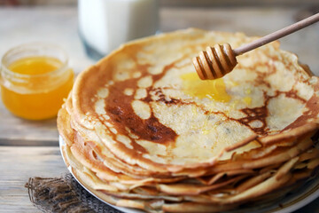 A stack of pancakes on a plate. Pancake week.