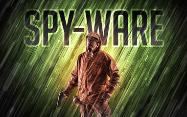 Mysterious man with SPY-WARE inscription, online security concept