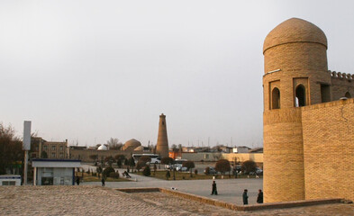 Khiva, Uzbekistan - December 02 2019: Historic architecture of Itchan Kala, walled inner town of the city of Khiva