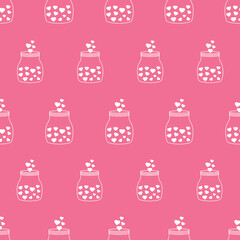 Cute Seamless Pattern with Mason Jar of Hearts. Perfect for Valentines Day Theme. 