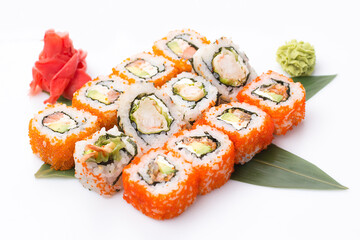Japan sushi rolls isolated on white background. Conception of original restaurant presentation.