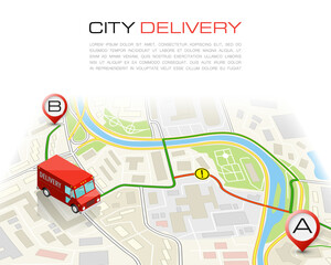 Delivery navigation route, City map point marker isometric delivery van, schema itinerary delivery car, city plan GPS navigation itinerary destination arrow city map Route check point business graphic