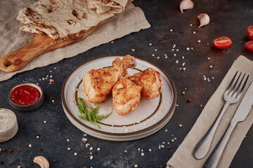 Grilled chicken, textured dark background