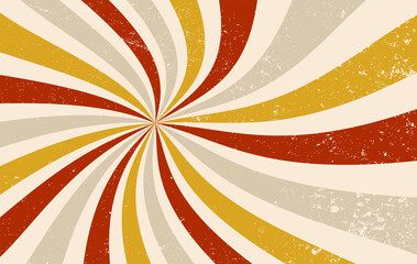 Retro groovy sunburst vector background, spiral swirls of red, fortuna gold, beige, gray, and white colors with old vintage grunge texture - obrazy, fototapety, plakaty