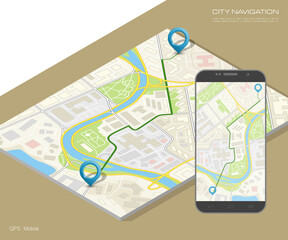 City map route navigation smartphone, phone point marker app drawing schema isometric city plan GPS navigation tablet, itinerary destination arrow isometry paper city map. Route isometric check pin