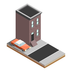Isometric house car banner. Auto transportation route map, 3D automobile logistic, isometric house transport, app isometry home city auto car, infographic vehicle. Low poly style car vehicle model