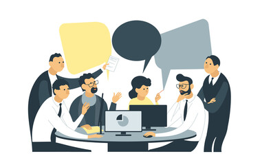 Vector flat illustration. Employees are sitting at the negotiating table. Joint discussion of new projects, collective thinking, information analytics of the company.
