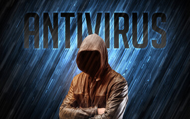 Mysterious man with ANTIVIRUS inscription, online security concept