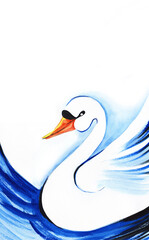 Watercolor image of single white swan swimming on blue waves against white background. Brushstroke landscape with graceful bird with long neck and orange beak. Hand drawn zoological illustration