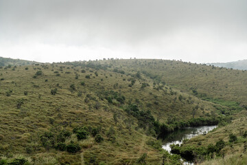 Fototapeta premium Blick auf grüne Wiesen und einen kleinen Bach im Horton Plains National Park im Hochland von Sri Lanka bei bewölktem Himmel