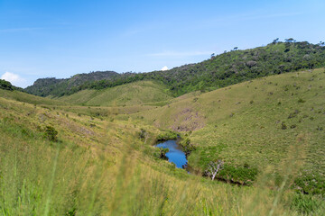 Blick auf gr&uuml;ne Wiesen und einen kleinen See im Horton Plains National Park im Hochland von Sri Lanka bei sonnigem Wetter
