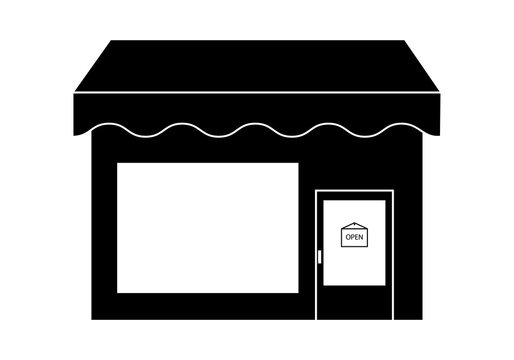 Icono de tienda, comercio o negocio con letrero de abierto en la puerta y toldo sobre fondo blanco