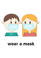 Vector illustration of a redhead girl and a brunette in a mask. Couple in a medical mask. Childrens illustration of children in medical mask