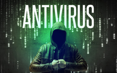 Faceless hacker with ANTIVIRUS inscription, hacking concept