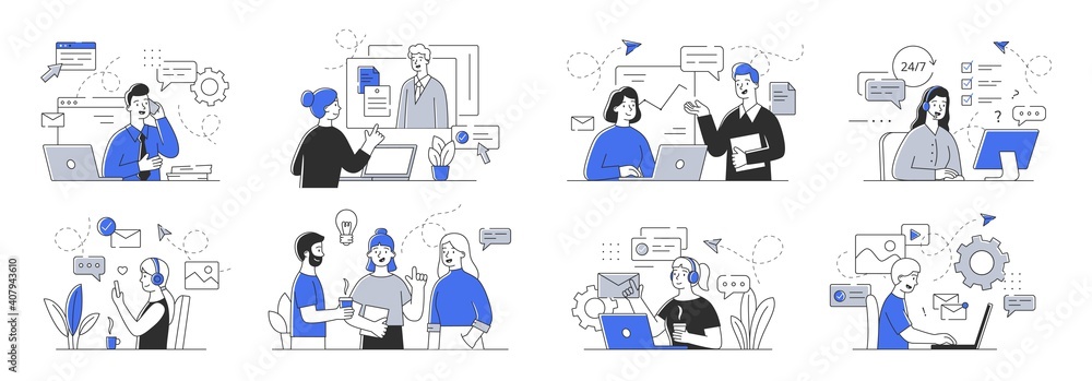 Fototapete creative set of outline vector illustrations depicting business people communicating with each other
