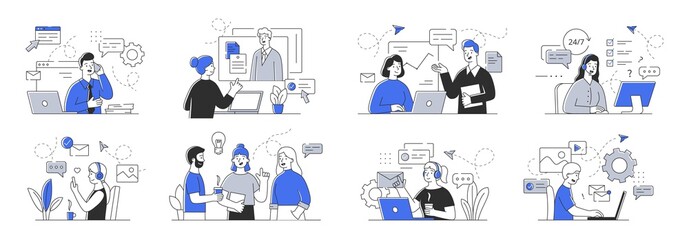 Creative set of outline vector illustrations depicting business people communicating with each other and customers. Simple style vector illustrations isolated on white background,