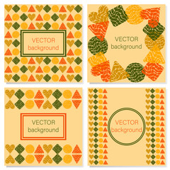 A collection of four square yellow backgrounds with colored geometric shapes and space for an inscription. Graphics in invitation design, covers, packaging, posters, tags