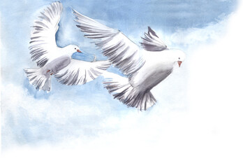 Watercolor landscape of tender blue sky with blurry white clouds and flying snow-white doves with spreading wings. Hand drawn symbol of love. Hand drawn illustration with wedding tradition