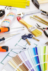 home improvement and renovation concept - construction tools and items. selective focus.