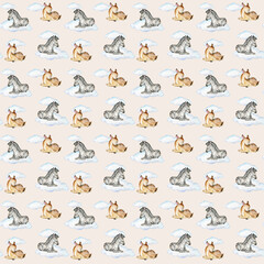 Watercolor seamless sleeping animals pattern