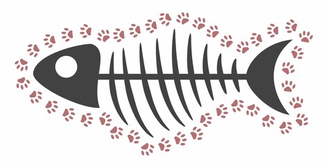 The skeleton of a fish is circled by a footprint of cat's paws. Fish bones are in the frame of cat tracks. Vector isolate on a white background. Pink paws