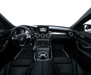 Luxury car interior. Steering wheel, shift lever and dashboard. black leather interior with black...