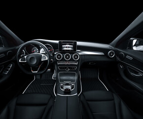 Luxury car interior. Steering wheel, shift lever and dashboard. black leather interior with black...