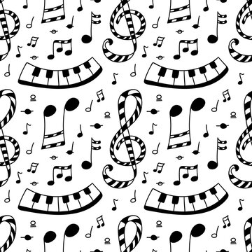 Piano, treble clef and sheet music. Black and white graphic seamless pattern.  Design for music school, notebooks, wrapping paper