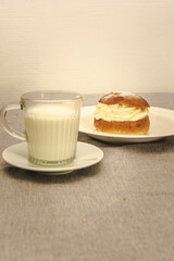Swedish tradiatonal food Semlor. Served with hot milk in old traditional families, Gothenburg Sweden