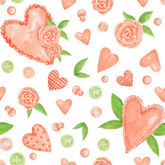 Watercolor seamless pattern with romantic hearts and delicate flowers. Drawn roses, hydrangeas, delicate and pink hearts. Texture for scrapbooking, wrapping paper, invitations.