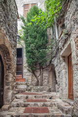 Naklejka premium Eze, France Old buildings and narrow streets in the picturesque medieval city of Eze Village in the South of France along the Mediterranean Sea