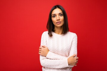 Obraz premium Photo of nice attractive lovely cute winsome sad upset sorrowful brown-haired woman wearing casual outfit isolated on colorful background with empty space