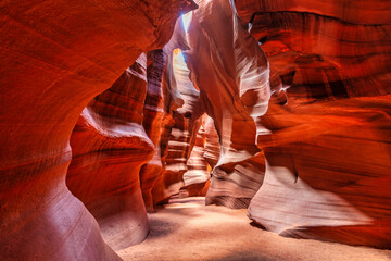 Beautiful wide angle view of sandstone formations in famous Antelope Canyon on a sunny day...