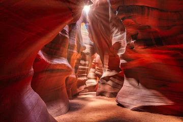 Poster Im Rahmen Beautiful wide angle view of sandstone formations in famous Antelope Canyon on a sunny day filtering light rays, Page, American Southwest, Arizona, USA. © emotionpicture
