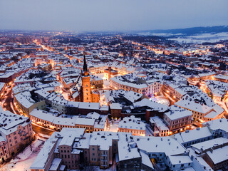 Obraz premium Tarnow Cityscape. Old Town in Lesser Poland. Aerial Drone View. Winter in City. Market Square and Cathedral Church Tower
