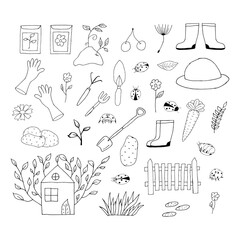 Doodle garden elements. Set of garden hand drawn icons on white background. Vector illustration with random elements