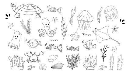 Doodle marine elements. Set of marine hand drawn icons on white background. Vector illustration with random elements. Design for prints and cards.