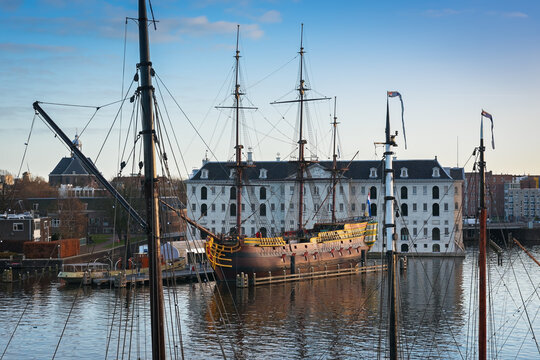 The ship replica  in front of the National Maritime Museum in Amsterdam